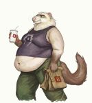  2020 anthro bag belly belly_overhang bethesda_softworks beverage big_belly bottomwear cettus clothed clothing container cup disposable_cup domestic_ferret fast_food food fur green_bottomwear green_clothing green_pants hi_res holding_bag holding_beverage holding_object logo male mammal midriff moobs mustelid musteline obese obese_anthro obese_male oblivion overweight overweight_anthro overweight_male pants shirt shirt_logo simple_background smile soda solo straw tank_top the_elder_scrolls topwear true_musteline walking weasel white_background white_body white_fur 