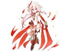  1girl asymmetrical_gloves bare_shoulders boots brown_footwear brown_gloves china_dress chinese_clothes closed_mouth dress fu_hua fu_hua_(phoenix) full_body gloves highres honkai_(series) honkai_impact_3rd long_hair looking_at_viewer mismatched_gloves o_hi_za red_eyes red_gloves simple_background solo thigh_boots very_long_hair white_background white_dress white_hair 
