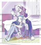  2girls androgynous aqua_eyes aqua_hair aqua_nails bed commentary curtains drying drying_hair flower_(vocaloid) flower_(vocaloid4) grin hair_dryer hands_on_own_knees hatsune_miku highres holding holding_hair_dryer indoors knees_up looking_at_another looking_down multicolored_hair multiple_girls nail_polish own_hands_together pants popopoponponpow purple_hair purple_nails purple_pants purple_shirt shirt short_hair shorts sitting sketch smile streaked_hair thighhighs towel towel_around_neck vocaloid white_hair 