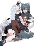  2girls animal_ears arknights artist_name black_hair highres lappland_(arknights) looking_at_another multiple_girls oripathy_lesion_(arknights) pantyhose raneblu shorts tail texas_(arknights) white_hair wolf_ears wolf_girl wolf_tail 