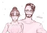  1boy 1girl apex_legends asakichi_(mamaninatta4a) bangs bespectacled breasts collarbone commentary facial_hair glasses goatee hair_bun highres looking_at_another looking_to_the_side medium_breasts mirage_(apex_legends) monochrome parted_bangs parted_lips pink_theme portrait ribbed_sweater shirt simple_background single_hair_bun sleeveless sleeveless_sweater smile straight-on sweater t-shirt translated white_background wraith_(apex_legends) 