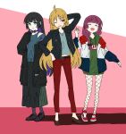  3girls :d ahoge alternate_costume arm_behind_head bangs belt black_belt black_bow black_cardigan black_choker black_hair black_jacket blonde_hair blunt_bangs bocchi_the_rock! bow braid cardigan chin_piercing choker closed_eyes closed_mouth colored_inner_hair ear_piercing fashion full_body green_eyes green_hoodie hair_bow hair_over_shoulder hand_on_hip highres hiroi_kikuri holding_carton hood hoodie ijichi_seika jacket jewelry long_hair long_sleeves multicolored_hair multiple_girls necklace one_eye_closed open_cardigan open_clothes open_jacket open_mouth pa-san pants piercing purple_hair red_eyes red_footwear red_pants shirt shoes single_braid skirt sleeves_past_fingers sleeves_past_wrists smile sneakers standing zelo6 