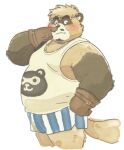  2023 anthro belly big_belly blush boxers_(clothing) brown_body canid canine clothing crave_saga facial_hair garouzuki gloves handwear hi_res kemono male mammal one_eye_closed overweight overweight_male pong_(crave_saga) raccoon_dog shirt simple_background solo tanuki topwear underwear white_background wink 
