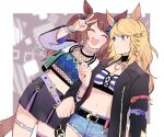  2girls ^_^ absurdres animal_ears bandeau belt black_coat black_skirt blonde_hair blue_eyes blush breasts brown_hair cleavage clenched_hand closed_eyes closed_mouth coat collar crop_top cropped_jacket cutoffs daebssali denim denim_shorts fishnet_top fishnets gold_city_(umamusume) highres horse_ears horse_girl horse_tail jewelry locked_arms long_hair long_sleeves midriff multiple_girls navel necklace open_clothes open_coat open_mouth pencil_skirt ring shorts skirt small_breasts smile tail thigh_strap tosen_jordan_(umamusume) twintails umamusume v wristband 
