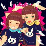  angry animal_ears bandana bangs black_shirt blue_bandana blunt_bangs blush braid brown_hair cat_ears cat_girl closed_eyes dot_nose english_text furry furry_female green_eyes lightning_bolt_symbol middle_finger mimi_(pop&#039;n_music) nyami_(pop&#039;n_music) pikara pop&#039;n_music rabbit_ears rabbit_girl red_bandana shirt skull_print t-shirt thumbs_down tongue tongue_out twin_braids 