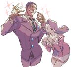  1boy 1girl ace_attorney april_may black_necktie breasts brown_eyes buttons cleavage collared_shirt cropped_legs evil_grin evil_smile flipped_hair formal grin heart_button highres jacket jewelry large_breasts long_hair long_sleeves multiple_rings necktie open_mouth pencil_skirt phoenix_wright:_ace_attorney pink_hair pink_jacket purple_hair purple_jacket redd_white ring shirt short_hair side_slit simple_background skirt smile sparkle suit teeth udohepu white_background white_shirt 