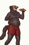  2019 alcohol anthro belly beverage bottomwear brown_body brown_fur cettus clothed clothing cocktail eyewear food fur glass hi_res holding_beverage holding_food holding_object hot_dog looking_down love_handles male mammal mink moobs mustelid musteline navel open_mouth overweight overweight_anthro overweight_male shorts simple_background smile solo sunglasses swimming_trunks swimwear topless true_musteline walking white_background 