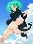  1girl absurdres ass breasts cloud curly_hair feet fingernails flying forehead green_hair highres looking_at_viewer nail_polish nezulet no_panties one-punch_man shiny_skin short_hair sky small_breasts soles solo tatsumaki thighs toes 
