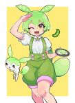  1girl :3 ;3 absurdres animal_ears arm_up blush blush_stickers commentary creature_and_personification edamame_(food) feet_out_of_frame food green_hair green_shorts green_suspenders green_tail hair_between_eyes hand_up highres holding holding_plate ja_(zunda6) neck_ribbon one_eye_closed open_mouth orange_eyes pea_pod personification plate puffy_short_sleeves puffy_shorts puffy_sleeves ribbon salute shirt short_sleeves shorts square suspender_shorts suspenders two-tone_background voiceroid voicevox white_background white_shirt zunda_mochi zundamon 