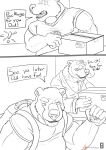  2018 anthro anthro_on_anthro backpack bear beard biceps blush bodily_fluids clothing comic dialogue duo english_text facial_hair father father_and_child father_and_son hi_res imminent_incest key male male/male mammal mature_male monochrome muscular muscular_male package parent parent_and_child plaguedobsession shirt son sweat text topwear 