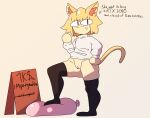  absurd_res blonde_hair bottomless clothed clothing condom felid feline female filled_condom genitals hair hi_res humanoid legwear mammal neco-arc pilk prostitution pussy sexual_barrier_device silverplatin solo tail thigh_highs tsukihime type-moon 