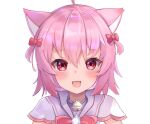  1girl :d ahoge animal_ears bangs bell bow cat_ears cat_girl fangs hair_bow looking_at_viewer neck_bell nekopurin_(nyanko_prin) open_mouth original pink_hair red_bow red_eyes short_hair short_sleeves smile solo two_side_up upper_body 