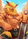  1boy abs animal_ears autumn_leaves bara beard belt black_belt black_pants blonde_hair blue_eyes brown_fur bulge digimon digimon_(creature) earrings expressionless facial_hair falling_leaves feet_out_of_frame furry furry_male highres jewelry large_hands large_pectorals leaf leomon lion_boy lion_ears long_beard looking_at_viewer male_focus mature_male muscular muscular_male navel navel_hair no_nipples outdoors pants pectorals planted planted_sword rabbity_art short_hair sitting solo stomach sword topless_male weapon 