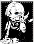  1boy ahoge allen_walker black_order_uniform border creature creature_on_shoulder cross d.gray-man facial_mark fujiwhite182 gloves grey_eyes highres jacket light_smile long_sleeves male_focus monochrome on_shoulder parted_hair short_hair smile solo timcanpy white_border 