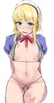  1girl 5moreyears absurdres areola_slip arms_behind_back bangs bikini blonde_hair blue_eyes blush bow bowtie breasts chevalier_d&#039;eon_(fate) commentary_request commission covered_nipples fate/grand_order fate_(series) highres long_hair looking_at_viewer maid_headdress micro_bikini navel open_mouth pixiv_commission red_bow red_bowtie shrug_(clothing) simple_background sitting small_breasts solo stomach swimsuit white_background 