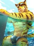  1boy abs air_bubble alternate_costume animal_ears bara black_male_swimwear bubble bulge cloud cloudy_sky feet_out_of_frame forked_eyebrows furry furry_male goggles goggles_on_head highres large_bulge looking_at_viewer male_focus male_swimwear morenatsu muscular muscular_male navel outdoors partially_underwater_shot print_male_swimwear rabbity_art short_hair sideburns sky smile solo stomach swim_briefs tail thick_eyebrows thick_thighs thighs tiger_boy tiger_ears tiger_tail topless_male torahiko_oshima underpec yellow_fur 