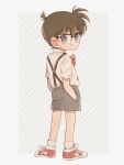  1boy blue_eyes bow bowtie brown_hair child converse edogawa_conan grey_shorts hands_in_pockets highres looking_back male_child male_focus meitantei_conan red_bow red_footwear shirt shoes short_hair short_sleeves shorts side127 sneakers socks solo suspenders white_shirt white_socks 