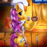  anthro apron apron_only bonbon_(mlp) butt chef_hat clothing colored cutie_mark detailed_background earth_pony equid equine female friendship_is_magic hasbro hat headgear headwear horse kunshomo looking_at_viewer looking_back looking_back_at_viewer mammal mlp_g1 mostly_nude my_little_pony pony pre-g4 shaded solo 