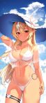  1girl absurdres bangs bikini blonde_hair blush breasts cleavage cloud collarbone elf flower hat hat_flower highres hololive large_breasts lessthanone long_hair looking_at_viewer multicolored_hair navel o-ring o-ring_bikini outdoors pointy_ears red_eyes see-through shiranui_flare sidelocks sky solo streaked_hair sun_hat swimsuit thighs virtual_youtuber white_bikini white_hair 