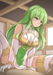  1boy 1girl aose_saratoga bare_shoulders blush breasts commentary_request dress elbow_gloves fire_emblem fire_emblem:_shadow_dragon_and_the_blade_of_light gloves green_eyes green_hair highres indoors large_breasts long_hair palla_(fire_emblem) panties sitting sleeveless sleeveless_dress smile spread_legs thighhighs thighs underwear very_long_hair white_dress white_gloves white_panties white_thighhighs 