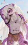  1boy abs absurdres armpit_hair armpits bara biceps brown_male_underwear bulge chest_belt commission diamond_(shape) facial_hair feet_out_of_frame forked_eyebrows furry furry_male goatee goo_(koushishikou11) head_tilt highres holding holding_clothes holding_shirt jewelry large_pectorals loincloth male_focus male_underwear multicolored_hair muscular muscular_male navel necklace nipples original pectorals purple_fur sadiend shirt shirt_removed short_hair smile solo standing stomach streaked_hair thick_eyebrows thighs tiger_boy topless_male two-tone_fur underwear white_hair 