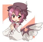  1girl animal_ears bangs bird_ears bird_wings blush brown_dress brown_headwear collared_shirt dress frilled_sleeves frills hair_between_eyes hat long_sleeves looking_at_viewer mystia_lorelei open_mouth own_hands_together pinafore_dress pink_hair red_eyes shirt short_hair solo tobi_(nekomata_homara) touhou upper_body white_shirt white_wings wide_sleeves winged_hat wings 