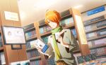  1boy ahoge book bookshelf fingerless_gloves fingernails gloves green_scarf hair_over_one_eye highres holding holding_book idolmaster idolmaster_side-m idolmaster_side-m_live_on_stage! indoors library male_focus orange_hair parted_lips scarf shirt shirt_partially_tucked_in single_glove solo tsukumo_kazuki white_gloves 