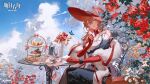  1girl animal_ears arknights black_dress blue_eyes blue_sky bow bug butterfly cake cup dress flower food gloves heidi_(arknights) highres jewelry letter looking_at_viewer official_art red_gloves red_hair red_headwear ring sky teacup teapot 