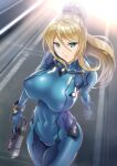  1girl blonde_hair blue_bodysuit blue_eyes bodysuit breasts covered_navel from_above gun high_ponytail highres holding holding_gun holding_weapon large_breasts long_hair metroid mole mole_under_mouth nandz samus_aran sidelocks skin_tight solo weapon wrist_cuffs zero_suit 