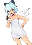  1girl blue_eyes blue_hair bottle bow breasts cirno commentary_request dutch_angle hair_bow hand_on_hip holding holding_bottle huxiao_(mistlakefront) ice ice_wings milk_mustache naked_towel signature small_breasts solo touhou towel translation_request wings 