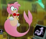  2022 absurd_res amy_rose breasts eulipotyphlan female green_eyes hand_on_hip hedgehog hi_res hybrid hyperflannel implied_transformation mammal marine merfolk navel pink_body sega smile solo sonic_the_hedgehog_(series) split_form underwater water wide_hips 