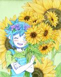  1boy basil_(omori) blue_overalls blush colored_skin flower green_eyes green_hair green_shirt head_wreath highres holding holding_flower looking_at_viewer official_art omocat omori open_mouth overalls shirt short_hair short_sleeves smile solo sunflower teeth upper_teeth_only white_skin 