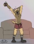  anthro armpit_hair beverage bodily_fluids body_hair boxer_briefs bulge clothed clothing coffee erection footwear genital_fluids hyena male mammal morning morning_wood peperott precum precum_through_clothing precum_through_underwear socks solo stretching topless underwear wet wet_clothing 