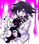  1boy black_hair blood checkered_clothes checkered_scarf danganronpa_(series) danganronpa_v3:_killing_harmony grin hair_between_eyes highres holding holding_stuffed_toy long_sleeves male_focus meganegirai monokuma musical_note ouma_kokichi pink_blood purple_eyes scarf shirt short_hair smile spoken_musical_note stuffed_toy white_shirt 