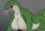  anthro areola artist_name big_breasts breasts female glistening glistening_eyes green_body hi_res nipples nude open_mouth pupils reptile roobin scalie simple_background slit_pupils solo tongue white_body white_breasts yellow_eyes 