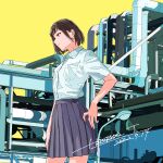  1girl absurdres bangs blue_eyes blue_theme brown_hair collared_shirt cowboy_shot dated factory grey_skirt highres industrial industrial_pipe lamppost multiple_monochrome original pleated_skirt profile school_uniform shirt short_hair signature skirt solo tanaka_hirotaka white_shirt yellow_theme 