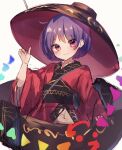  1girl black_headwear blush bowl bowl_hat closed_mouth hat highres japanese_clothes kimono long_sleeves moshihimechan obi one-hour_drawing_challenge purple_hair red_eyes red_kimono sash short_hair simple_background sketch smile solo sukuna_shinmyoumaru touhou white_background wide_sleeves 