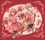  1boy 1girl bow box braid brown_eyes brown_hair buttons cupping_hands dress flower happy_valentine heart-shaped_box holding holding_letter layered_dress letter long_sleeves looking_at_another love_letter original own_hands_together red_bow red_flower red_ribbon red_rose ribbon rose short_hair side_braid sleeve_cuffs smile stuffed_animal stuffed_toy teddy_bear welchino 