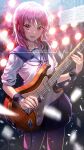  1girl :d absurdres angel_beats! bangs blue_sailor_collar blue_skirt blue_wristband blush commentary_request contrapposto copyright_name cowboy_shot electric_guitar fingernails guitar highres holding holding_instrument holding_plectrum instrument iwasama_masami looking_at_viewer nail_polish pink_eyes pink_hair pink_nails pleated_skirt plectrum sailor_collar sakura_(39ra) school_uniform serafuku shinda_sekai_sensen_uniform short_hair skirt sleeves_rolled_up smile solo white_serafuku wristband 