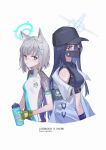  2girls animal_ear_fluff animal_ears areaaaron armband back-to-back bangs bare_shoulders baseball_cap belt bike_jersey black_belt black_hair black_headwear black_mask black_pants black_shirt blue_archive blue_eyes bottle breasts character_name chest_harness closed_mouth clothes_writing coat commentary copyright_name covered_collarbone covered_mouth covered_navel crop_top cross_hair_ornament cycling_uniform gloves green_gloves grey_hair hair_ornament halo harness hat highres holding holding_bottle long_hair looking_at_viewer mask medium_breasts medium_hair midriff mismatched_pupils mouth_mask multiple_girls navel official_alternate_costume pants saori_(blue_archive) shiroko_(blue_archive) shiroko_(cycling)_(blue_archive) shirt short_sleeves sidelocks simple_background sleeveless sleeveless_shirt small_breasts standing underbust water_bottle white_background white_coat wolf_ears 