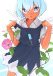  1girl black_dress blue_eyes blue_hair cirno commentary_request dress flower food highres huxiao_(mistlakefront) ice ice_wings open_mouth plant popsicle see-through see-through_silhouette shirt signature solo sweat tan tanned_cirno touhou unbuttoned unbuttoned_shirt v-shaped_eyebrows vines wet wet_clothes wet_shirt white_shirt wings 