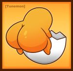  big_butt border butt butt_focus climbing egg egg_shell egg_yolk food food_creature glistening glistening_butt gudetama hi_res huge_butt male not_furry orange_border simple_background solo tunemon yellow_background yellow_body yellow_butt 