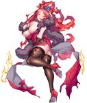  1girl astaroth_(taimanin) boots breasts breasts_out curvy dress grabbing_own_breast hand_on_own_chest high_heel_boots high_heels highres large_breasts long_dress long_hair looking_at_viewer nipples official_art potion_(moudamepo) red_hair solo taimanin_(series) taimanin_rpgx thumbs_up tongue tongue_out 