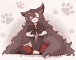  1girl animal_ear_fluff animal_ears bangs black_footwear blush boots brown_eyes brown_hair closed_mouth cross-laced_footwear dress full_body hair_between_eyes highres imaizumi_kagerou kaginoni lace-up_boots layered_sleeves long_hair long_sleeves paw_print red_dress short_over_long_sleeves short_sleeves solo tail touhou white_dress wolf_ears wolf_tail 