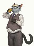  animal_crossing anthro belly beverage_can cettus domestic_cat eyewear felid feline felis formal_wear fur glasses grey_body grey_fur male mammal nintendo raymond_(animal_crossing) slightly_chubby solo 