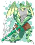  absurd_res air_manipulation anthro big_muscles big_pecs bottomwear clothed clothing dragon elemental_manipulation hi_res hikaristar_art magic magic_user male melee_weapon muscular muscular_anthro muscular_male pecs scalie shorts signature solo sword weapon western_dragon wind wings zephrix_(orionlizard) 