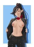  1girl black_hair breasts breasts_apart commission earrings elezen elf final_fantasy final_fantasy_xiv hair_between_eyes highres hilda_ware hyur jacket jewelry leather leather_jacket leather_pants long_hair looking_at_viewer medium_breasts navel no_bra open_clothes open_jacket pants pointy_ears pomelomelon ponytail red_eyes scarf simple_background solo two-tone_background 