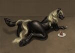  2018 anthro black_body black_fur black_pussy blonde_hair blonde_mane brown_background cake candy chocolate chocolate_cake dessert equid equine female food fur genitals green_eyes hair hi_res hooves horse kyera_(kyeramoon) lying mammal mane nude on_front plate pussy raised_leg simple_background solo storm_engineer tail yellow_tail 