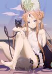  1girl abigail_williams_(fate) abigail_williams_(swimsuit_foreigner)_(fate) abigail_williams_(swimsuit_foreigner)_(second_ascension)_(fate) bangs bare_shoulders barefoot beach black_bow black_cat blonde_hair blue_eyes blue_sky blush bow braid braided_bun breasts cat double_bun dress_swimsuit fate/grand_order fate_(series) forehead hair_bun hat highres keyhole long_hair looking_at_viewer mitre one-piece_swimsuit orange_bow parted_bangs shore sidelocks sitting sky small_breasts swimsuit thighs twintails very_long_hair white_headwear white_one-piece_swimsuit yinsan_usaki 