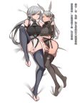  ;q absurdres alternate_costume animal_ears arknights arm_around_shoulder asymmetrical_docking bangs bare_shoulders black_leotard black_nails black_thighhighs breast_press breasts brown_thighhighs cameltoe chinese_text closed_mouth covered_navel covered_nipples extra_ears full_body gladiia_(arknights) grey_hair hand_on_another&#039;s_shoulder highres impossible_clothes impossible_leotard japanese_clothes large_breasts leotard long_hair long_toenails looking_at_viewer low_ponytail lying nail_polish on_back on_side one_eye_closed one_side_up pointy_ears rabbit_ears rabbit_girl rabbit_tail red_eyes savage_(arknights) short_sleeves skindentation smile stirrup_legwear swept_bangs tail thighhighs toeless_legwear toenail_polish toenails tongue tongue_out yat_(tsmn7245) 